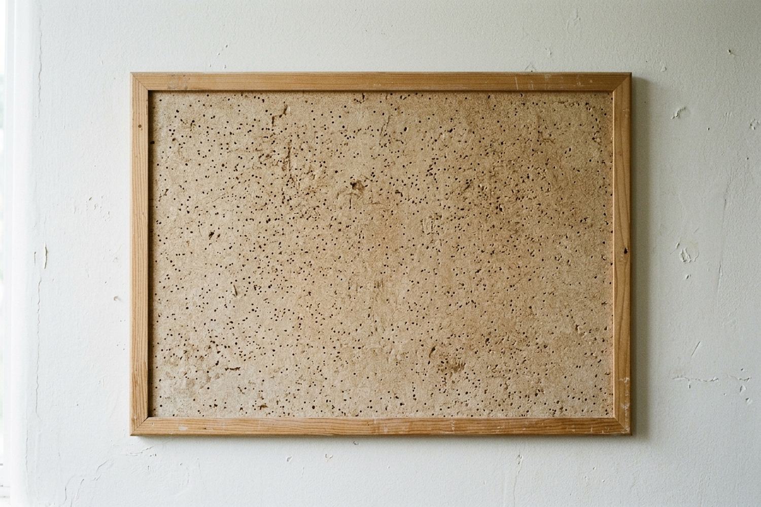 An empty cork noticeboard in a plain wooden frame on a white wall, nothing pinned to it