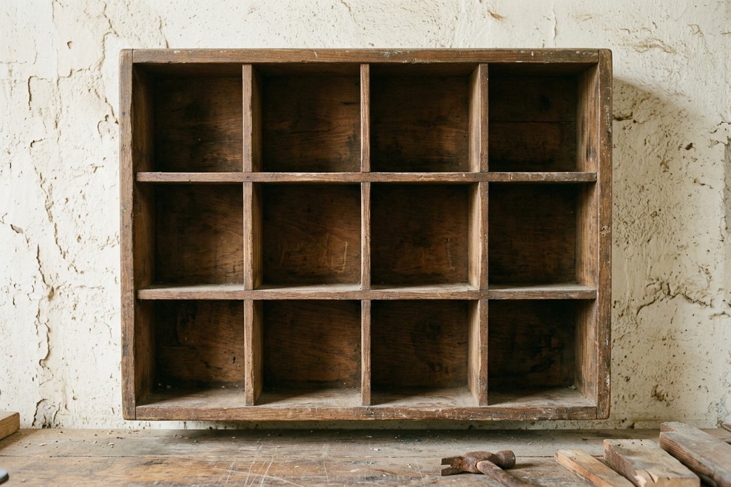 A wooden cabinet of twelve empty pigeonholes standing against a rough plaster wall