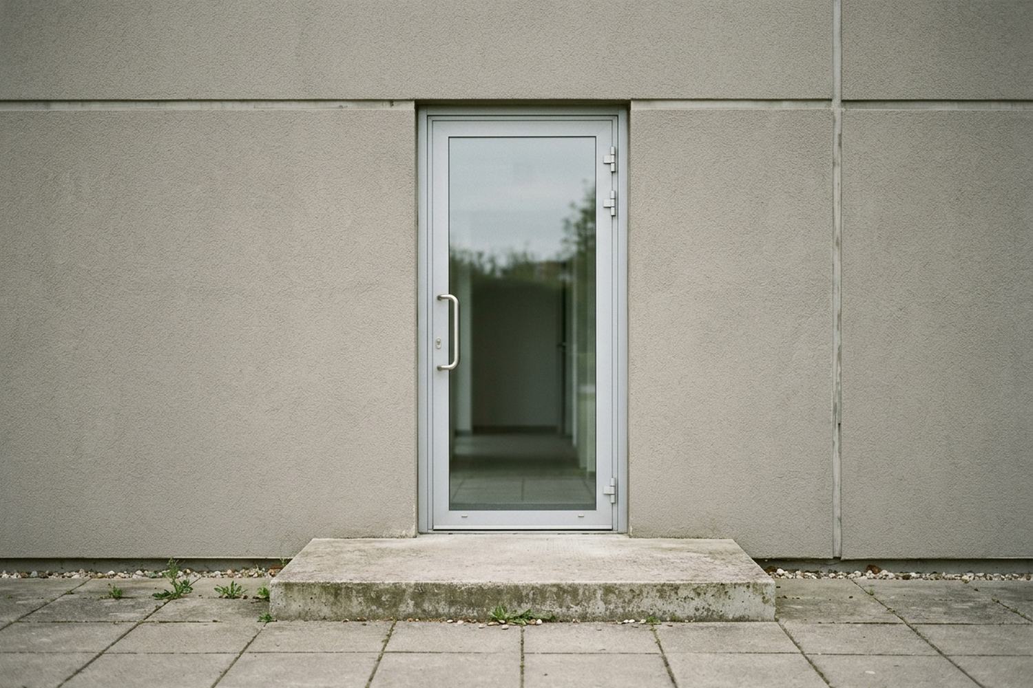 A plain glazed door set in a gray concrete wall above a single low step