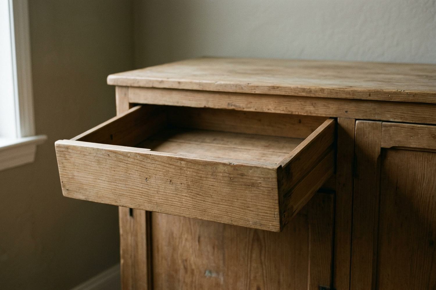 One shallow wooden drawer pulled halfway out of a plain cabinet, empty inside