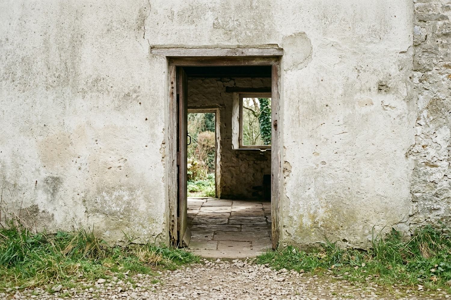 A doorway in a weathered stone wall opening onto grass and a further opening beyond