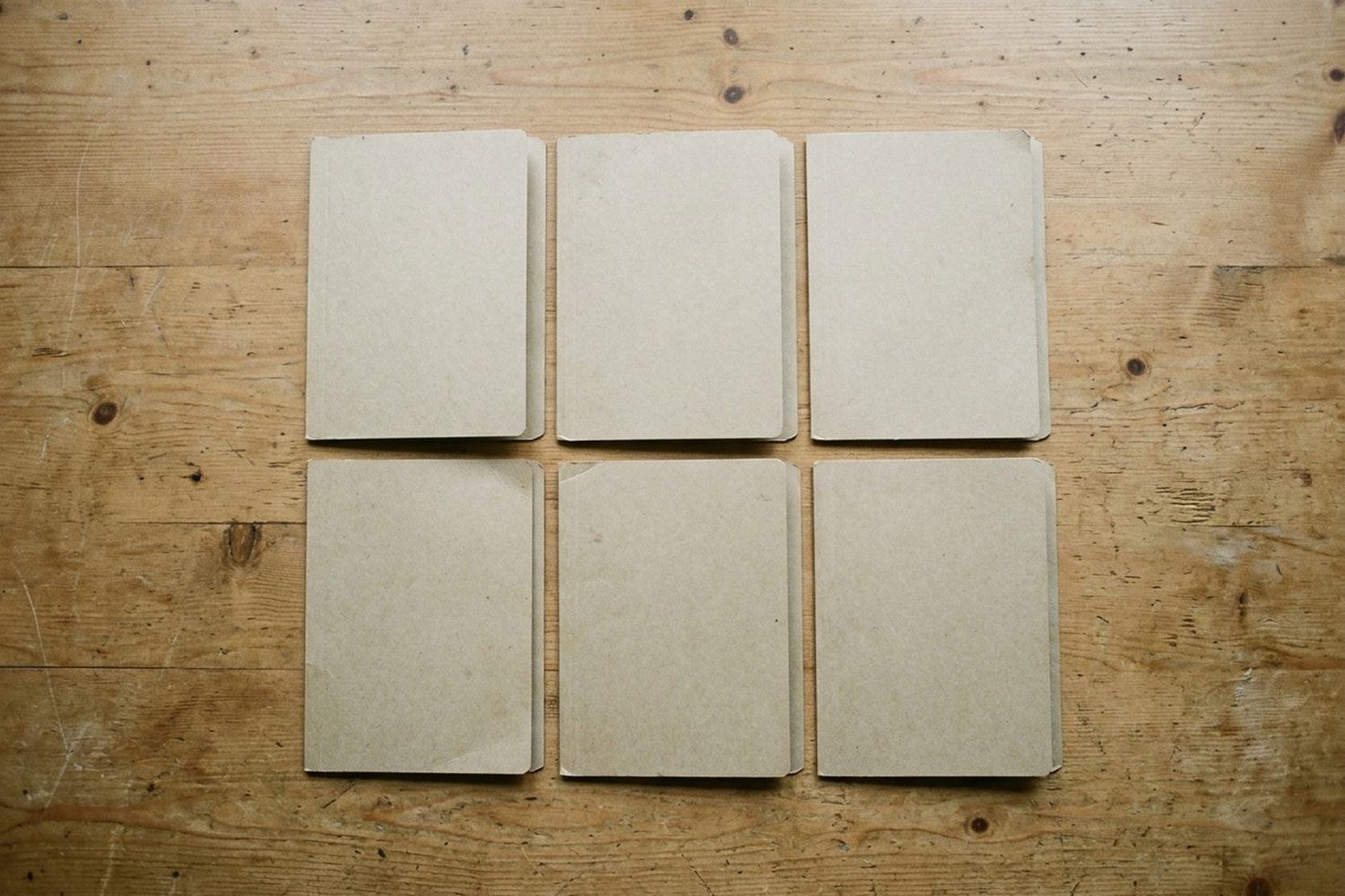 Six closed blank card folders laid in two rows of three on a plywood surface