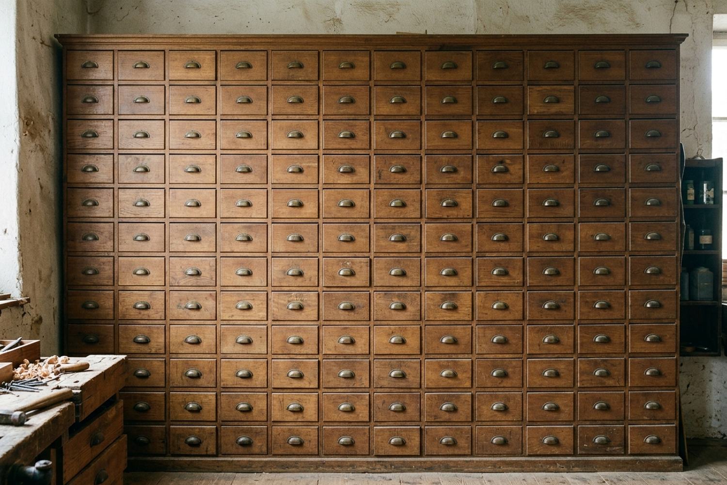 A tall cabinet wall of small closed wooden drawers with plain metal pulls
