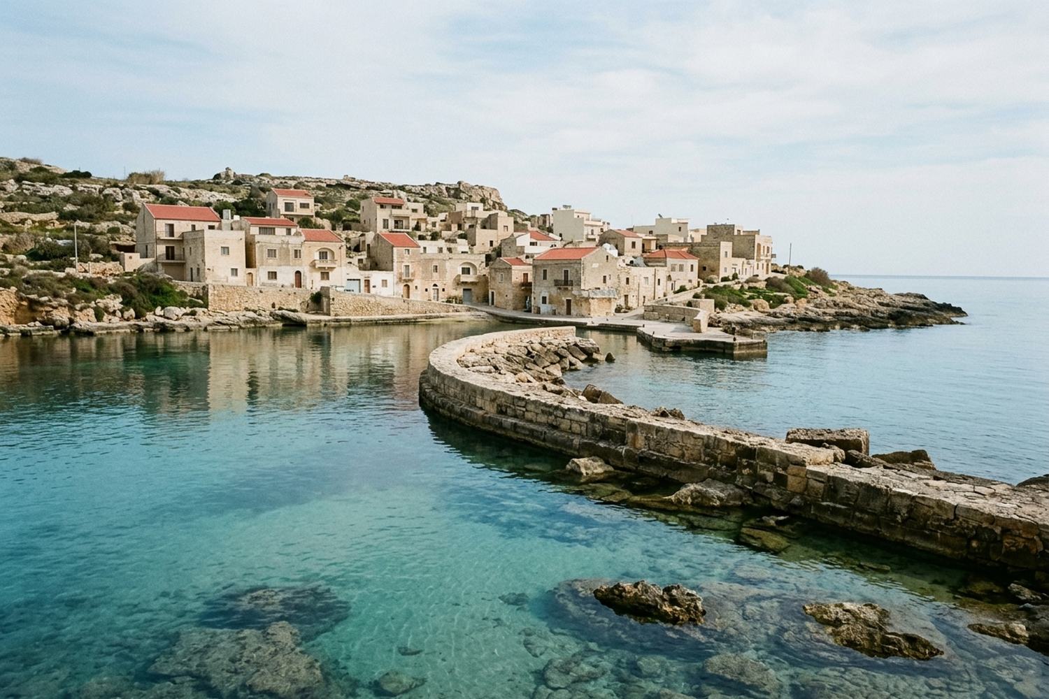A stone town on a low headland behind a curved breakwater, the water clear and green