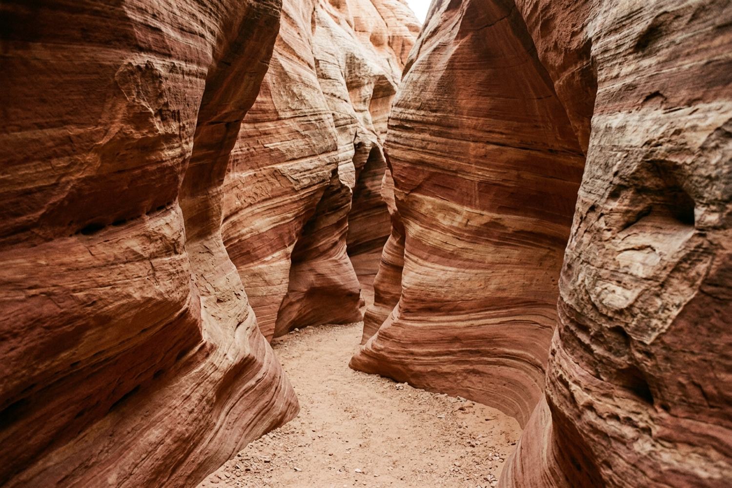 A narrow sandstone canyon with banded red and cream walls and a sandy floor