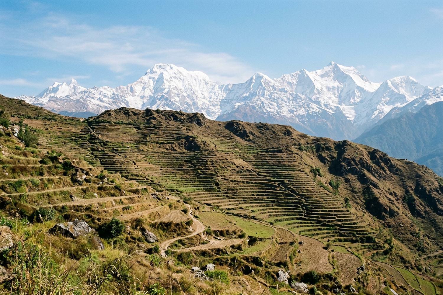 Cultivated hillside terraces stepping up a ridge with a high snow range behind