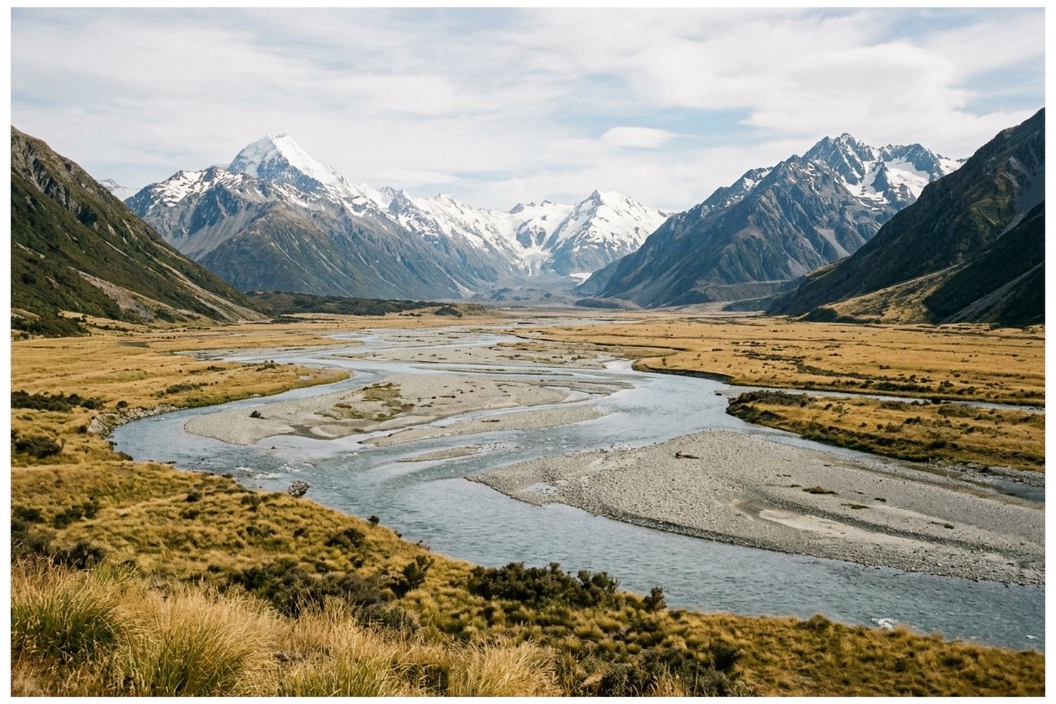 A braided river of pale gravel channels in a wide valley below snow mountains
