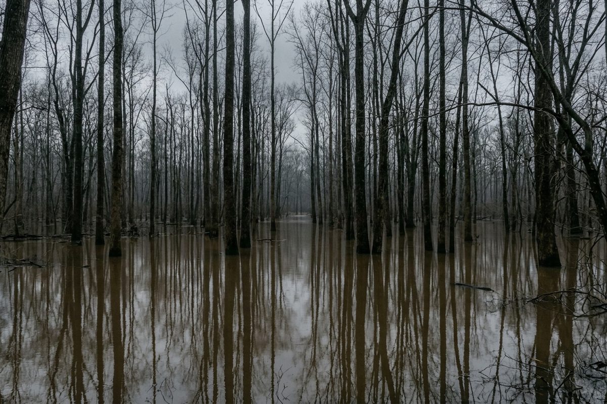 Flooded bottomland forest with still brown water between straight bare trunks reflecting the trees